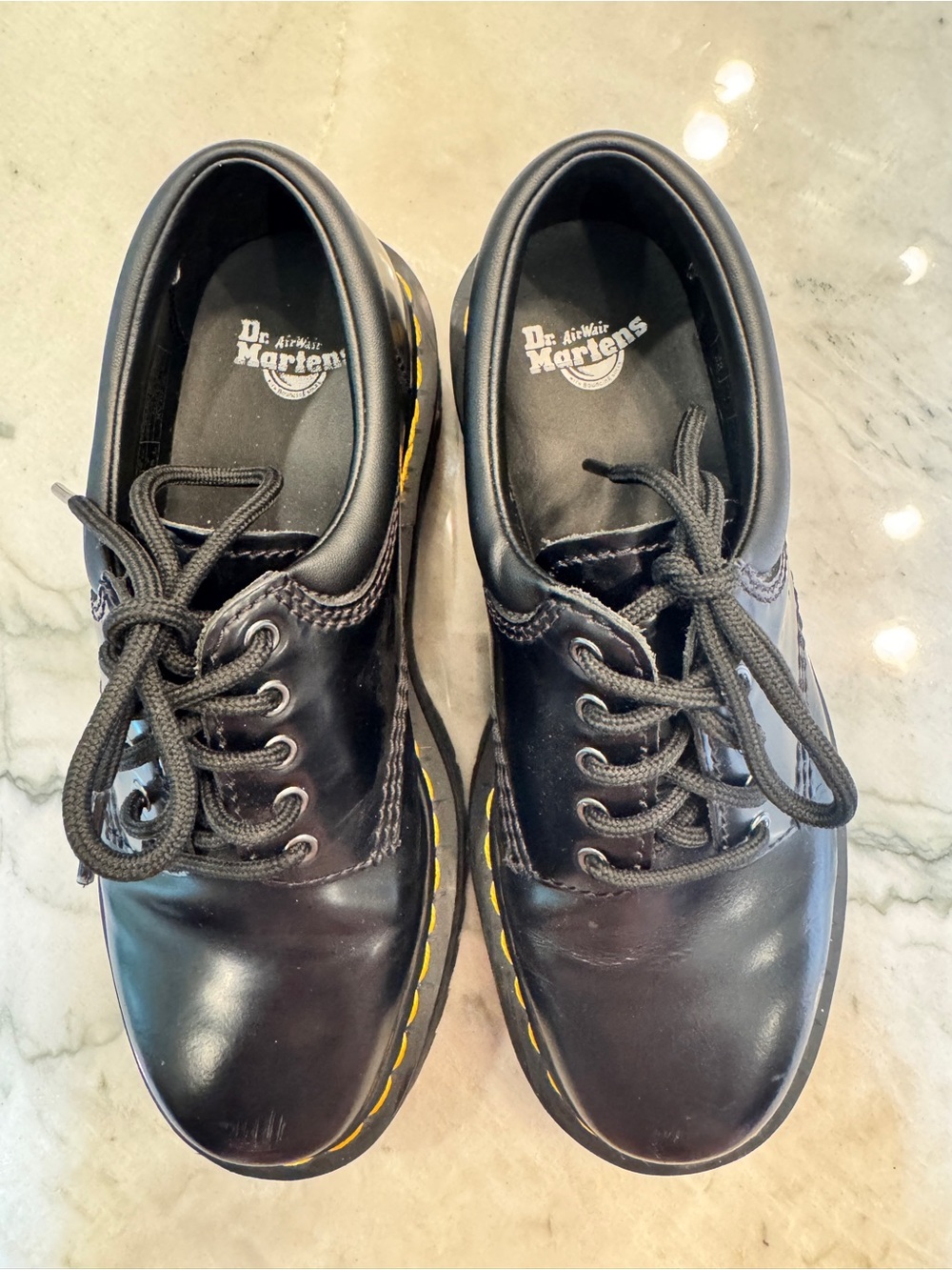 Dr. Martens Black Leather 5-Eye Derby Shoes with Yellow Stitching - Picture 1 of 4